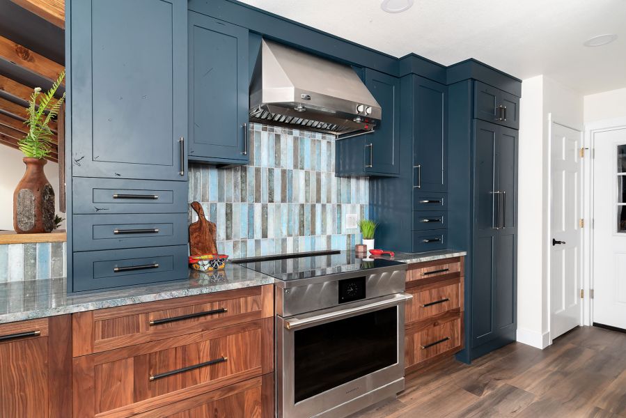 Mountain Modern Kitchen With Walnut Cabinets And Painted Teal Cabinets 2