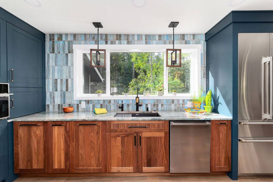 Aqua Teal Tile Backsplash Painted Alder Kitchen Cabinets