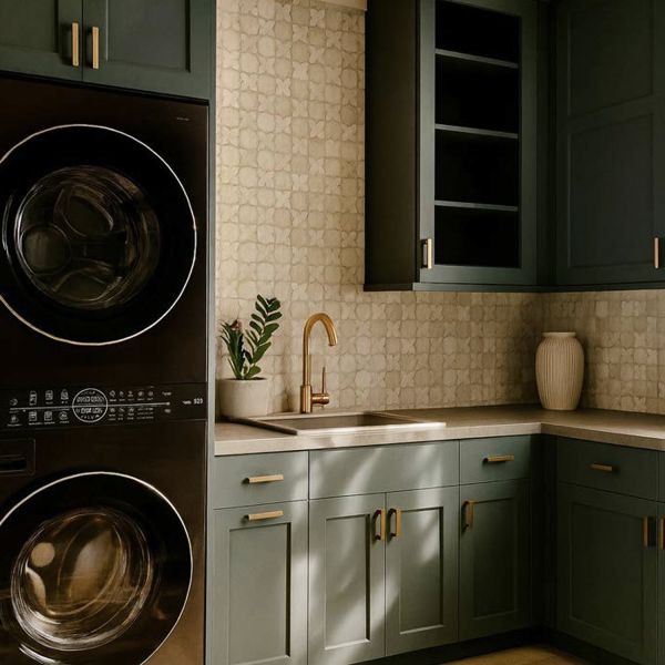 Vintage laundry room with dark green painted cabinets and patterned backsplash tile